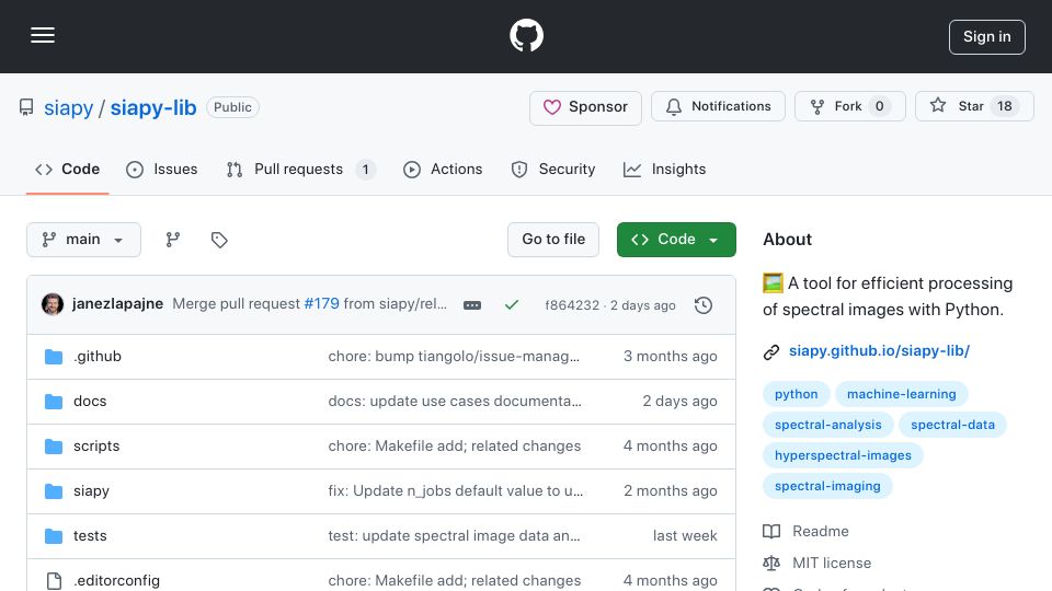 Screenshot of github.com: Spectral Imaging Made Easy: A Powerful Python Library