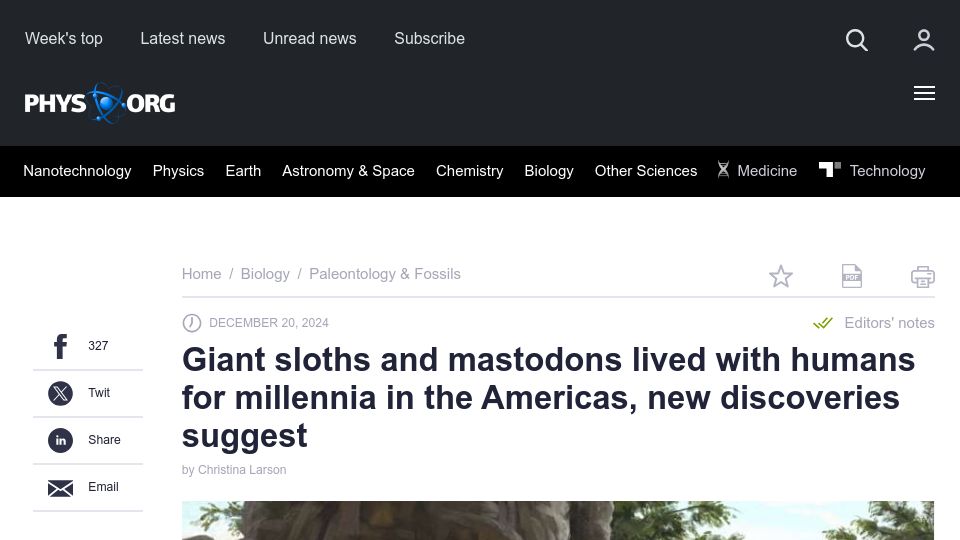 Screenshot of phys.org: Giant sloths and mastodons lived with humans for millennia in the Americas