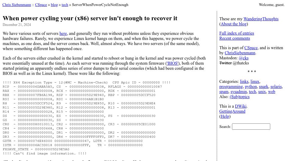 Screenshot of utcc.utoronto.ca: When power cycling your (x86) server isn't enough to recover it