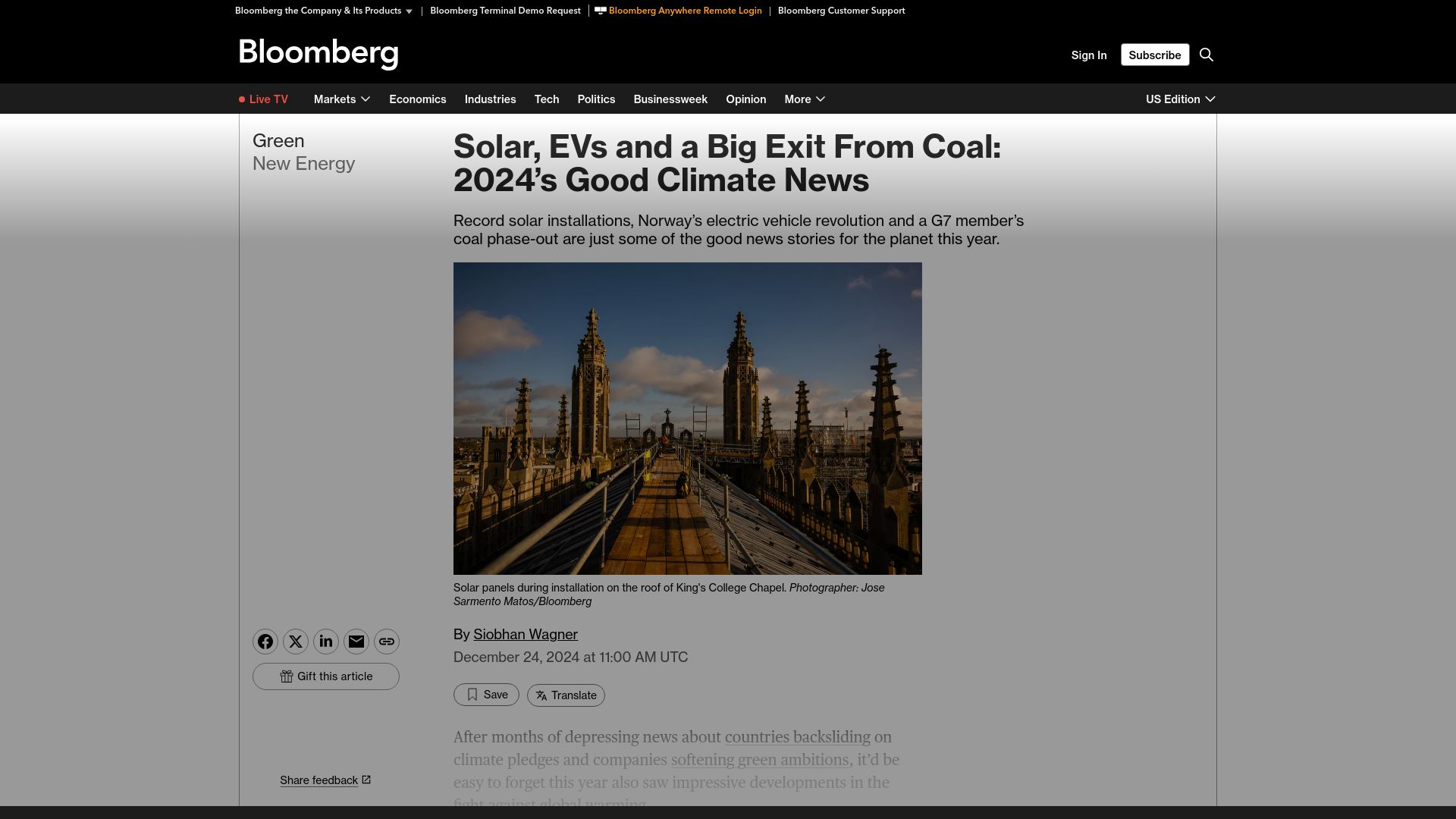 Screenshot of bloomberg.com: Solar, EVs and a Big Exit from Coal: 2024's Good Climate News