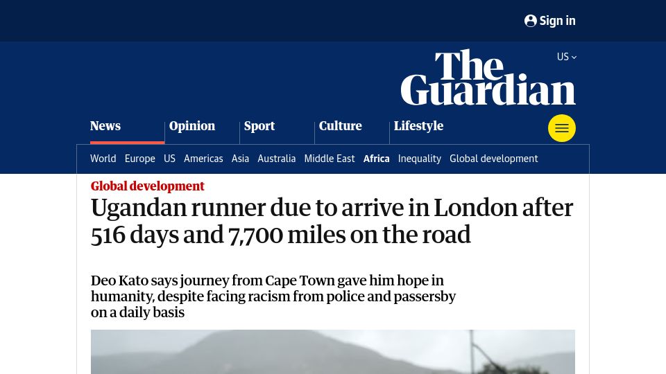 Screenshot of theguardian.com: Ugandan runner due to arrive in London after 516 days, 7,700 miles on the road