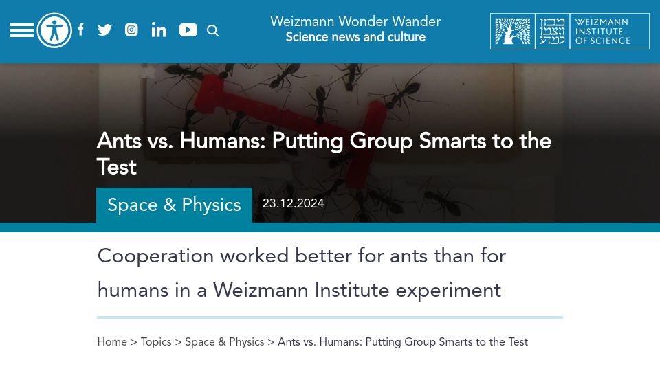 Screenshot of wis-wander.weizmann.ac.il: Ants vs. Humans: Putting Group Smarts to the Test