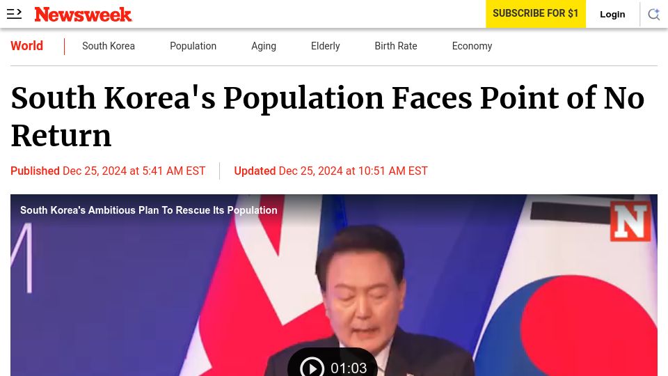 Screenshot of newsweek.com: South Korea's population faces point of no return