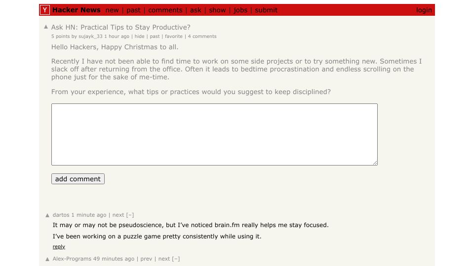 Screenshot of Hacker News post: Ask HN: Practical Tips to Stay Productive?