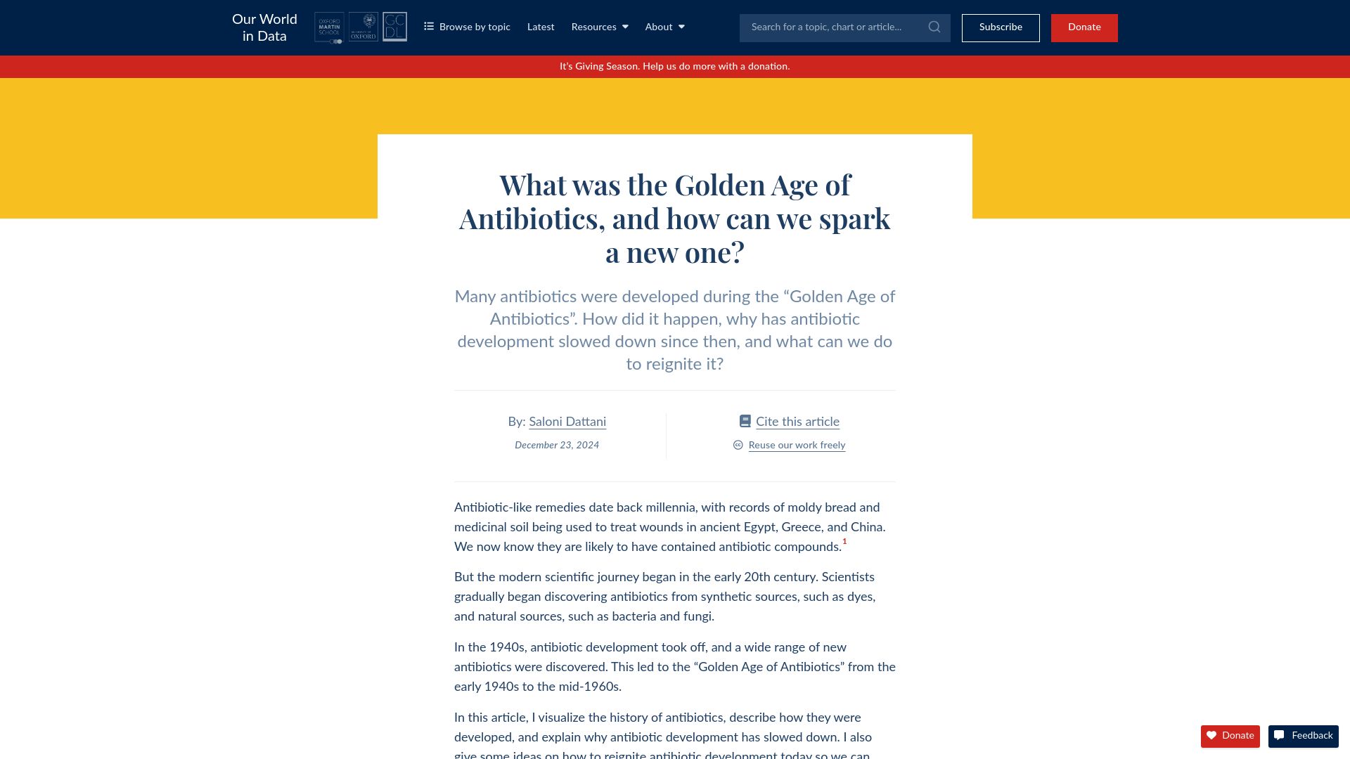 Screenshot of ourworldindata.org: What was the Golden Age of Antibiotics, and how can we spark a new one?