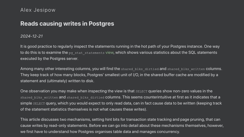 Screenshot of jesipow.com: Reads Causing Writes in Postgres