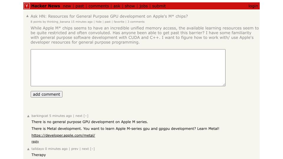 Screenshot of Hacker News post: Ask HN: Resources for general purpose GPU development on Apple's M* chips?