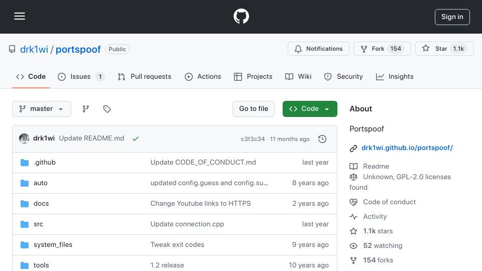 Screenshot of github.com: Portspoof: Emulate a valid service on all 65535 TCP ports