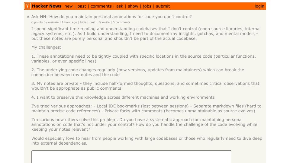 Screenshot of Hacker News post: Ask HN: How do you maintain personal annotations for code you don't control?