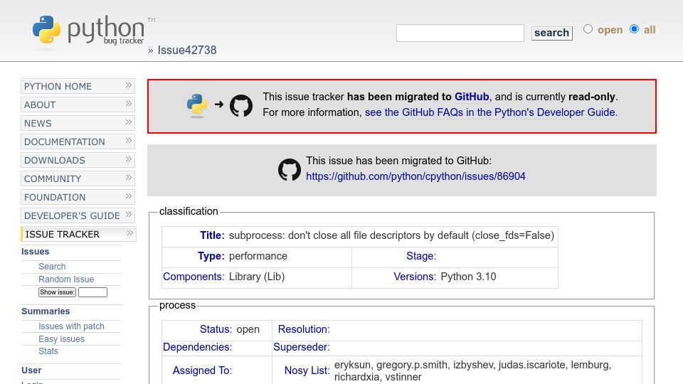 Screenshot of bugs.python.org: Subprocess: Don't close all file descriptors by default (close_fds=False)