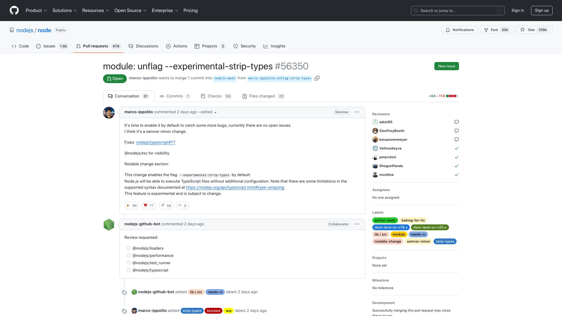 Screenshot of github.com: Node.js enables TypeScript support by default