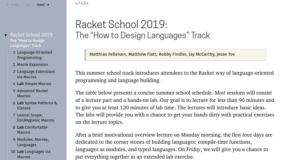 Screenshot of school.racket-lang.org: Racket School 2019: The "How to Design Languages" Track