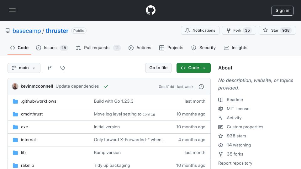 Screenshot of github.com: Thruster – HTTP/2 proxy for Rails apps with built-in Let's Encrypt and caching