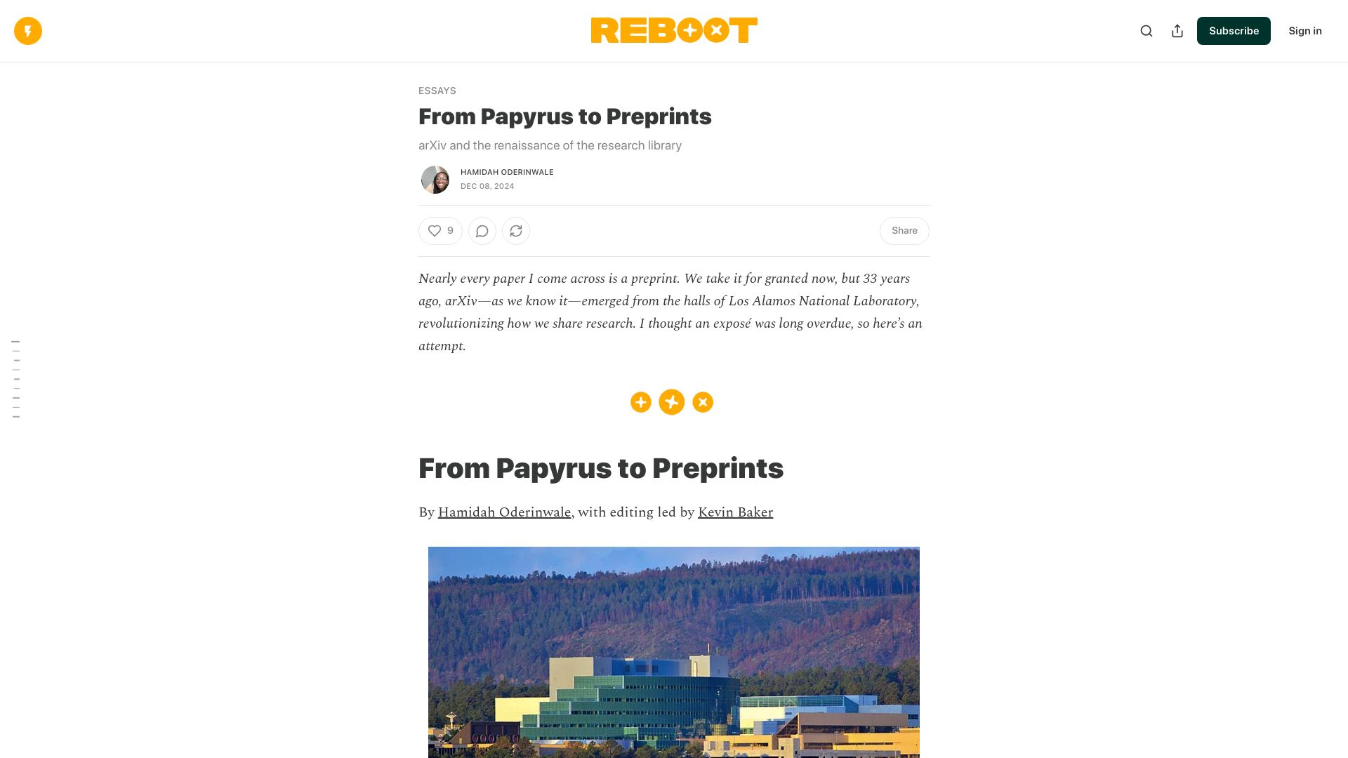 Screenshot of joinreboot.org: From Papyrus to Preprints