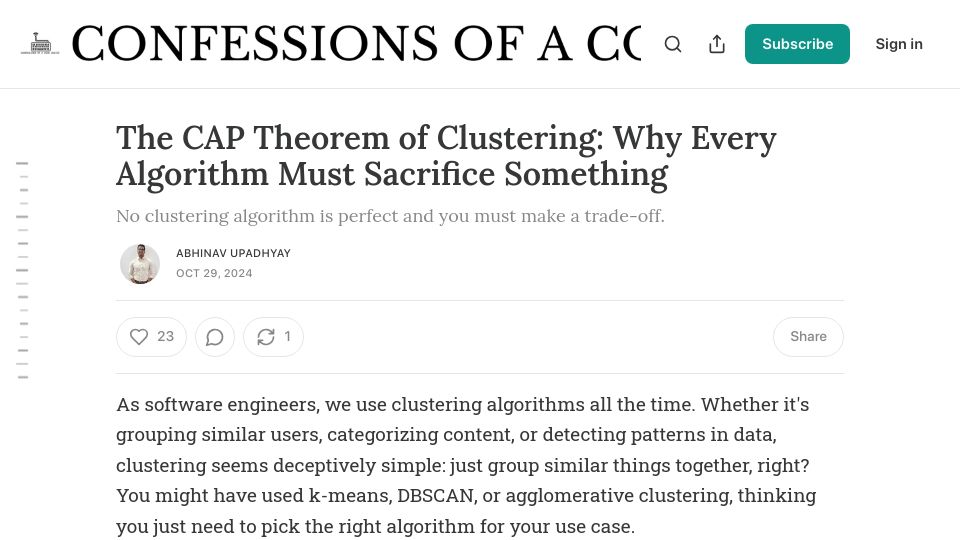 Screenshot of blog.codingconfessions.com: The CAP theorem of Clustering: Why Every Algorithm Must Sacrifice Something
