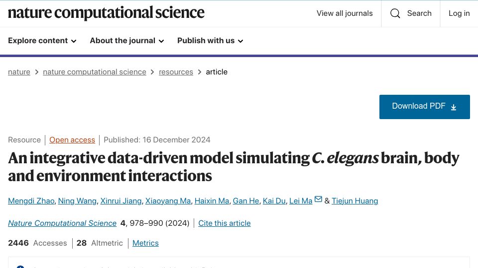 Screenshot of nature.com: Simulating C. elegans brain, body and environment interactions
