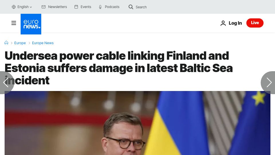 Screenshot of euronews.com: Undersea power cable linking Finland and Estonia suffers damage