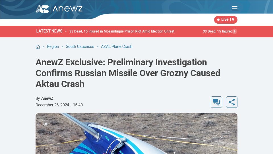 Screenshot of anewz.tv: Azerbaijani airline plane shot down by Ruasia