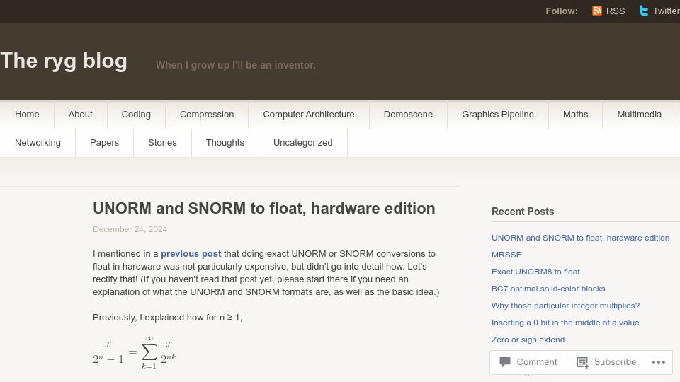 Screenshot of fgiesen.wordpress.com: Unorm and SNORM to float, hardware edition