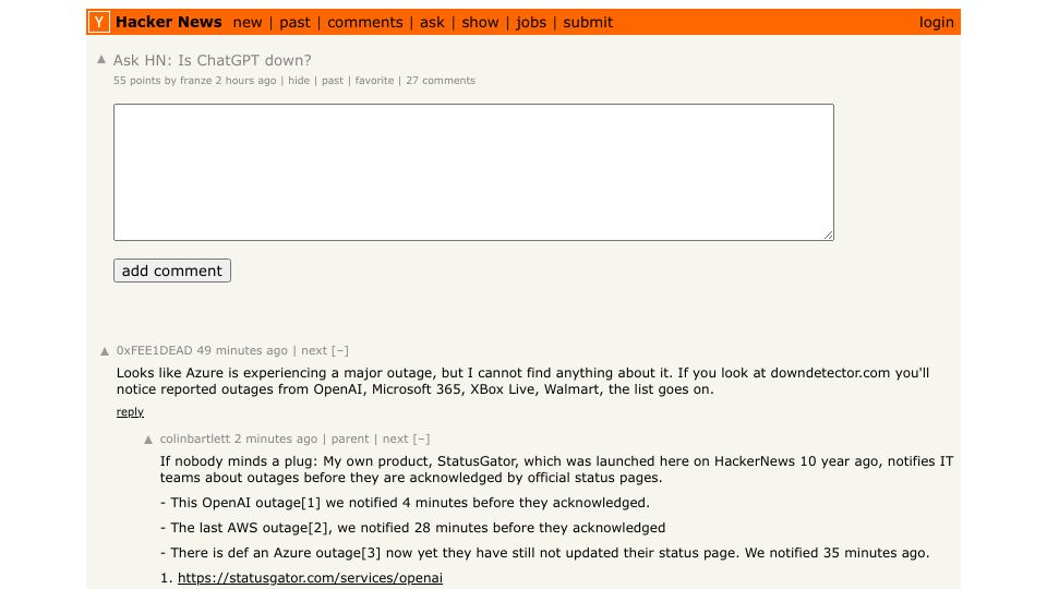 Screenshot of Hacker News post: Ask HN: Is ChatGPT down?