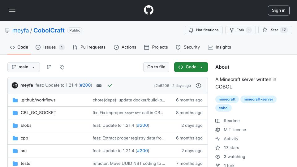 Screenshot of github.com: A Minecraft server written in COBOL