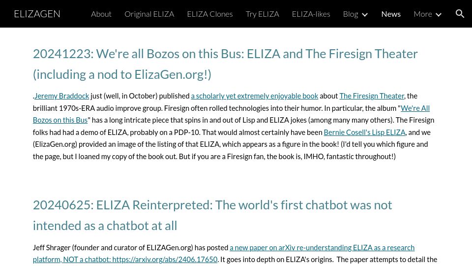 Screenshot of sites.google.com: We're All Bozos on This Bus: Eliza and the Firesign Theater