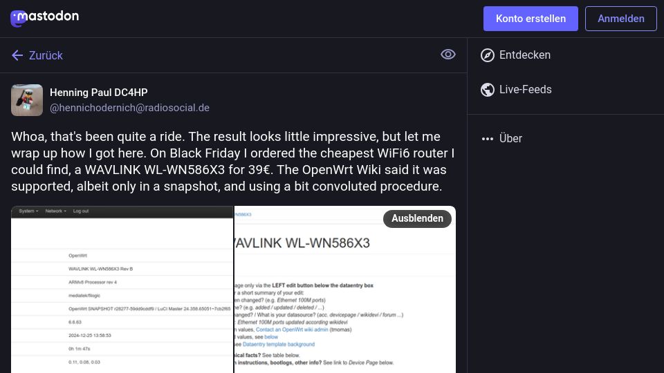 Screenshot of radiosocial.de: Installing OpenWRT on an Unsupported Router