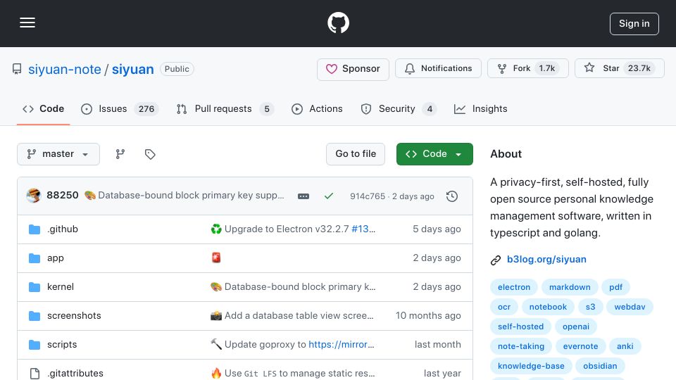 Screenshot of github.com: Siyuan: Privacy-first, self-hosted personal knowledge management software