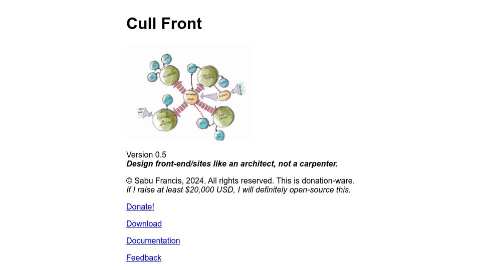 Screenshot of cullfront.com: Cull Front: A new front end generator for Htmx and AlpineJS