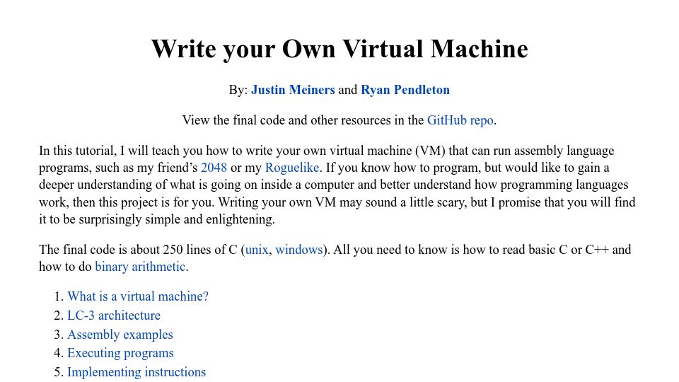 Screenshot of jmeiners.com: Write Your Own Virtual Machine (2022)