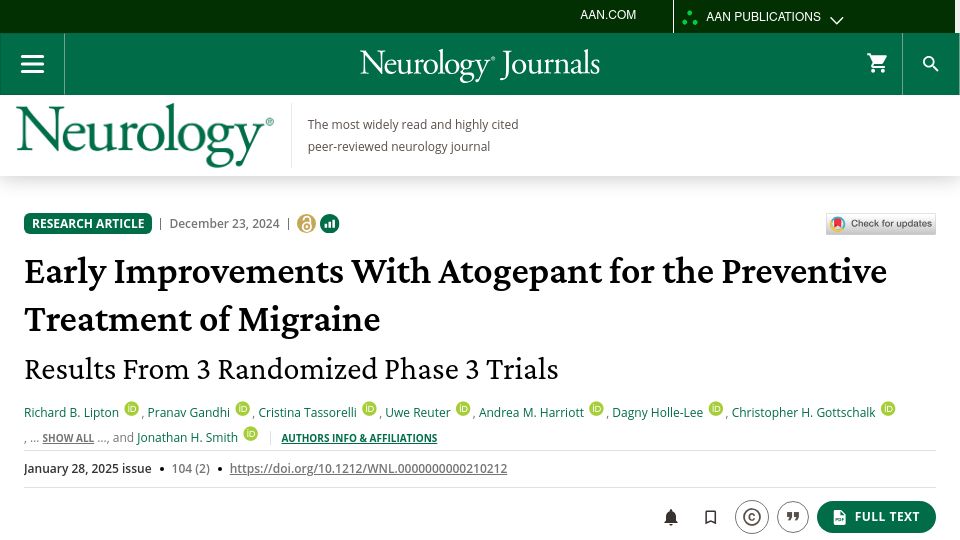 Screenshot of neurology.org: Early Improvements with Atogepant for the Preventive Treatment of Migraine