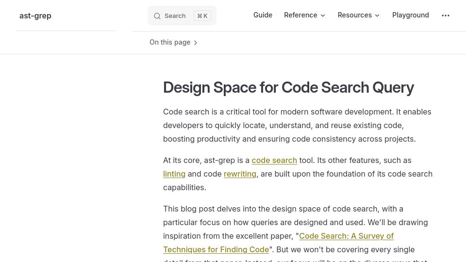 Screenshot of ast-grep.github.io: Design Space for Code Search Query