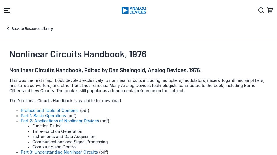 Screenshot of analog.com: Nonlinear Circuits Handbook (1976)