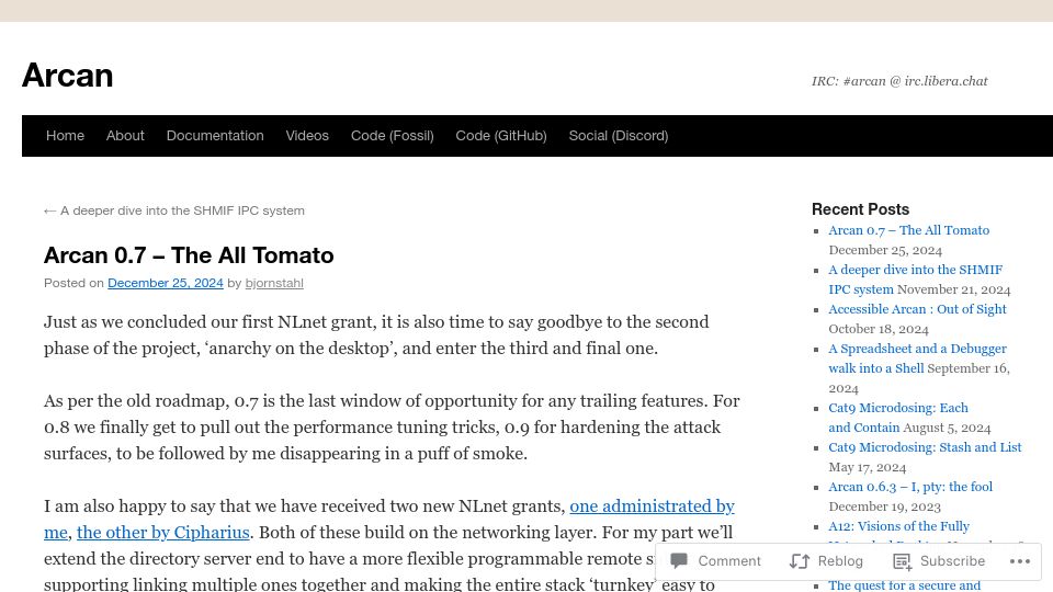 Screenshot of arcan-fe.com: Arcan 0.7 – The All Tomato