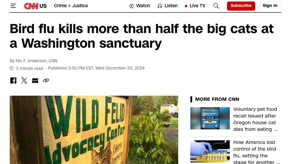 Screenshot of cnn.com: Bird flu kills more than half the big cats at a Washington sanctuary