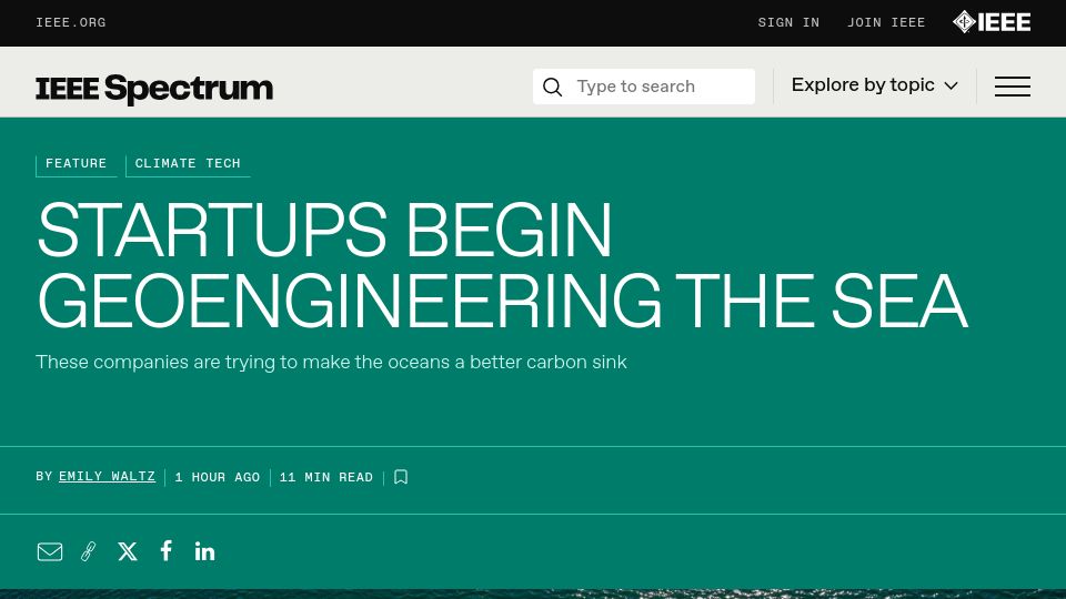 Screenshot of spectrum.ieee.org: Ocean Carbon Removal: Captura's marine carbon capture explained