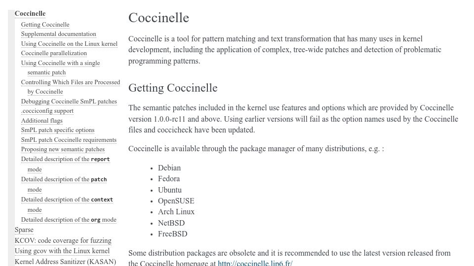 Screenshot of docs.kernel.org: Coccinelle