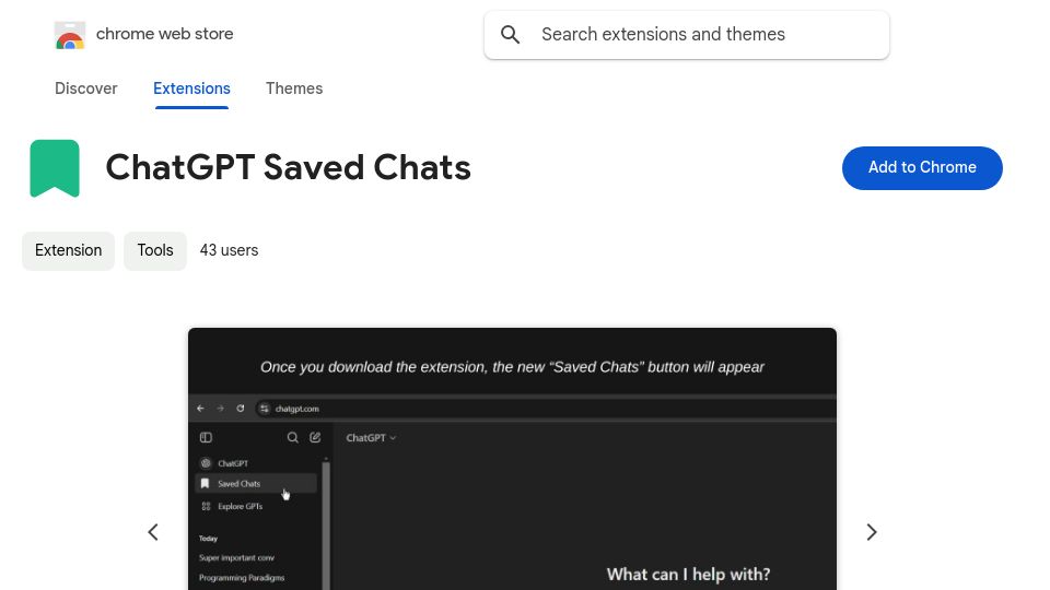 Screenshot of chromewebstore.google.com: ChatGPT Saved Chats: Save and organize your important conversations in ChatGPT
