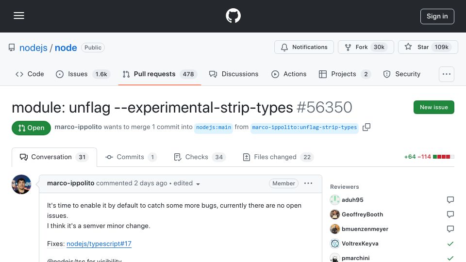 Screenshot of github.com: Node.js enables TypeScript support by default