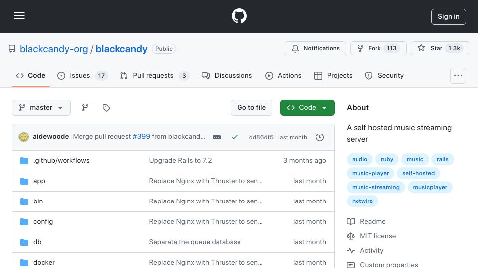 Screenshot of github.com: Blackcandy: Self hosted music streaming server