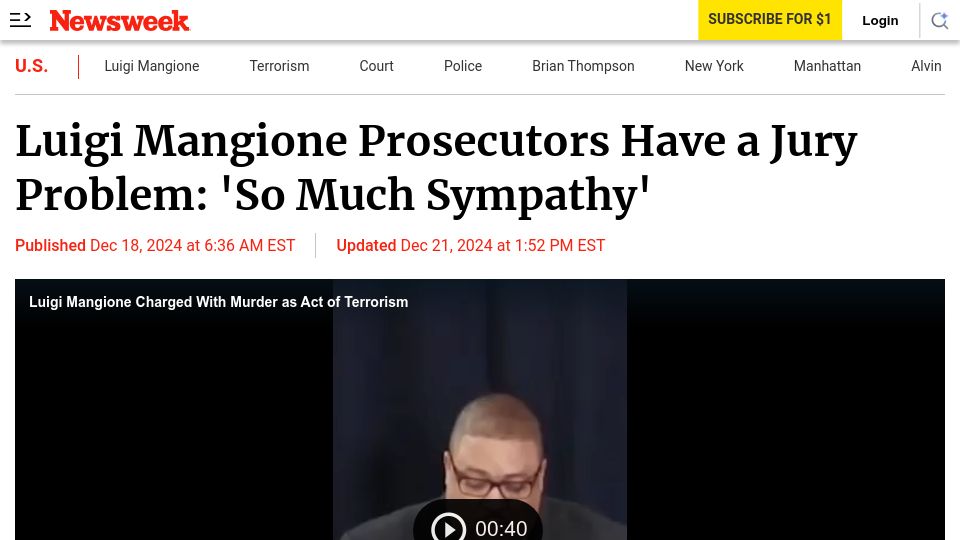 Screenshot of newsweek.com: Luigi Mangione Prosecutors Have a Jury Problem: 'So Much Sympathy'