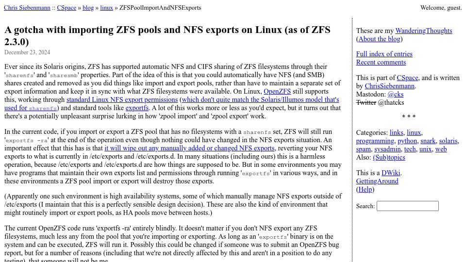 Screenshot of utcc.utoronto.ca: A gotcha with importing ZFS pools and NFS exports on Linux