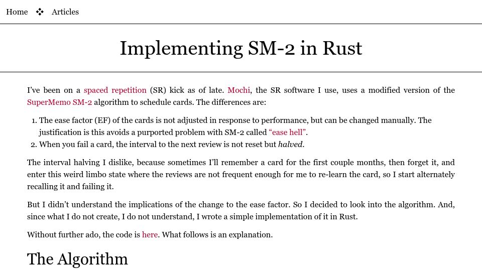 Screenshot of borretti.me: Implementing SM-2 in Rust