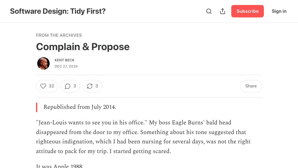 Screenshot of tidyfirst.substack.com: Complain and Propose (2014)