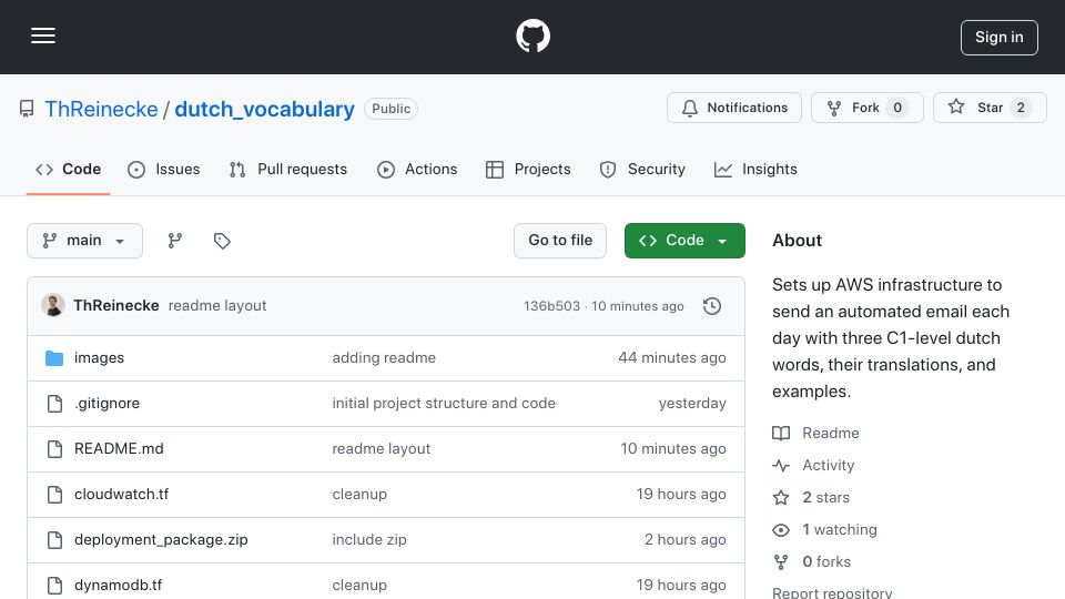 Screenshot of github.com: Show HN: I send myself automated emails to practice Dutch