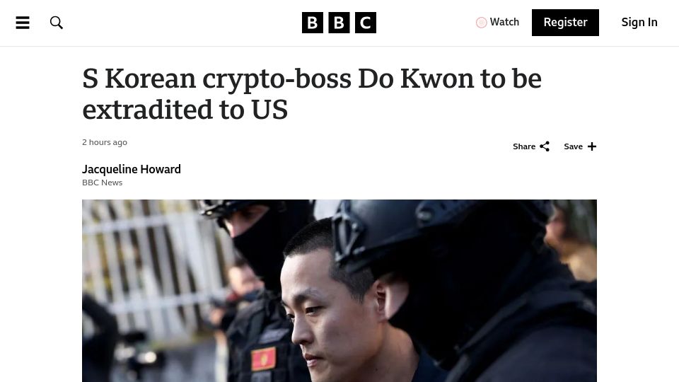 Screenshot of bbc.com: S Korean crypto-boss Do Kwon to be extradited to US