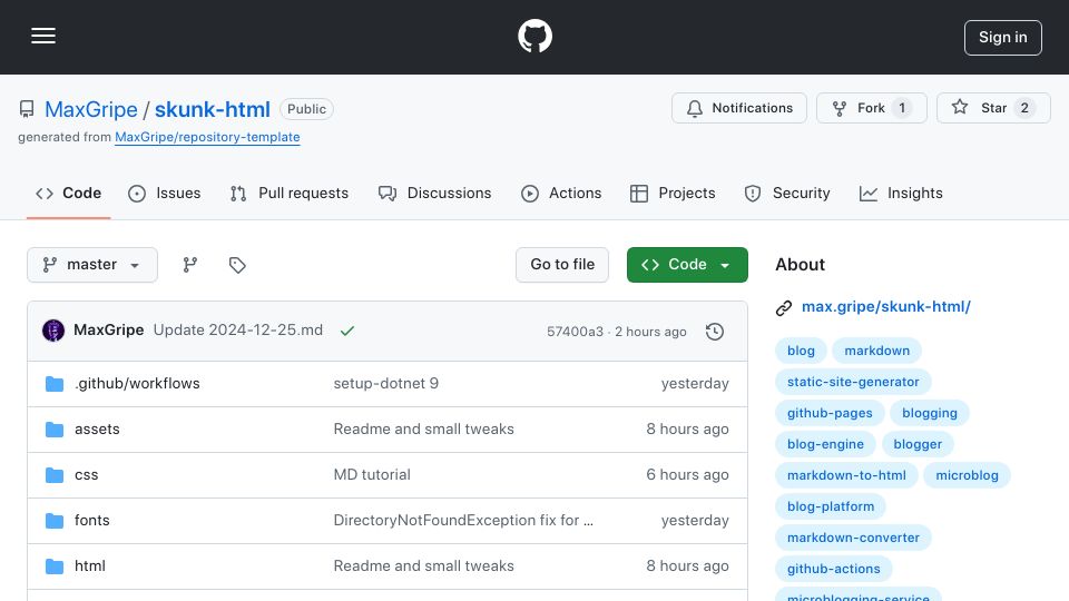 Screenshot of github.com: Show HN: SkunkHTML – Markdown Blog with GitHub Pages