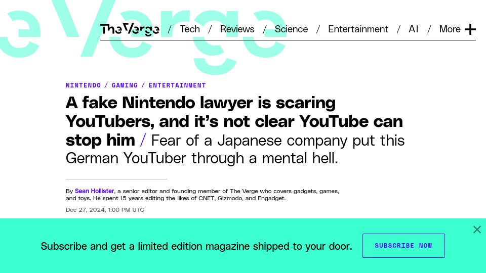 Screenshot of theverge.com: Fake Nintendo lawyer is scaring YouTubers, and its not clear YouTube can stop it