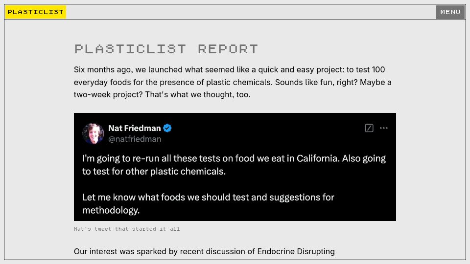Screenshot of plasticlist.org: Plasticlist Report – Data on plastic chemicals in Bay Area foods