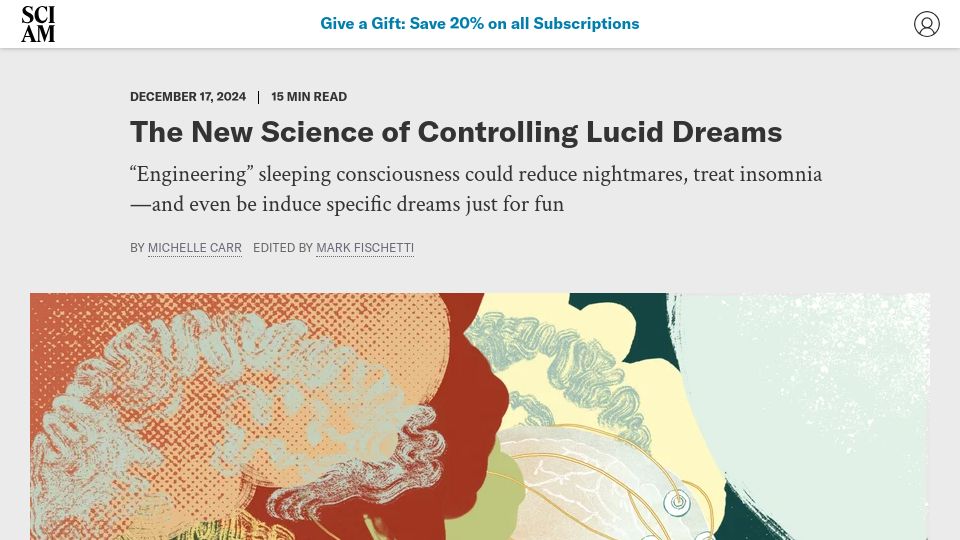 Screenshot of scientificamerican.com: The new science of controlling lucid dreams